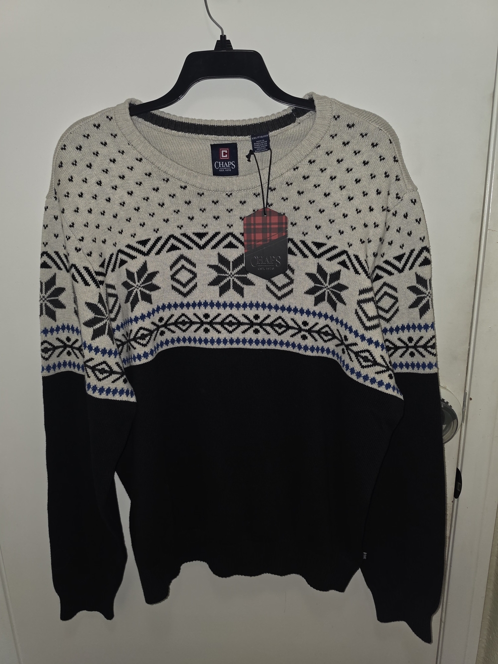 Chaps Men’s Black, Cream & Blue Fair Isle Crewneck Sweater